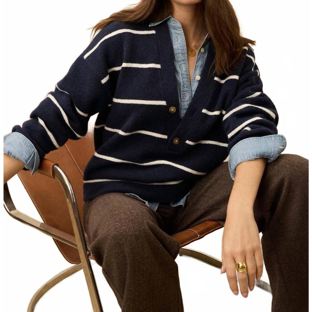NEW FAHERTY jackson v neck popover sweater in norman navy stripe - Picture 3 of 4